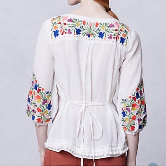 Anthropologie Vanessa Virginia Embroidered Cotton Pom Pom Peasant Top - Sz 2 - Picture 3 of 14